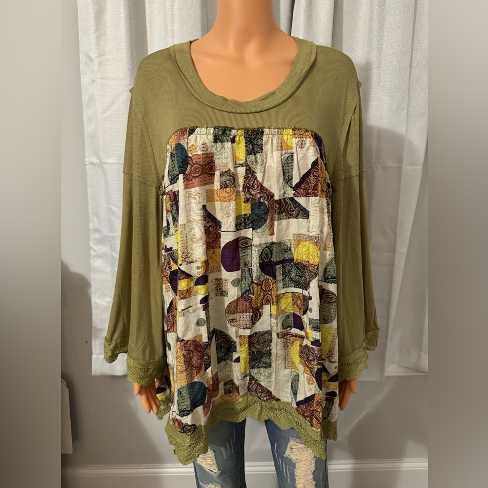 Cool POL size S olive green print crochet trim long sleeve babydoll shirt new